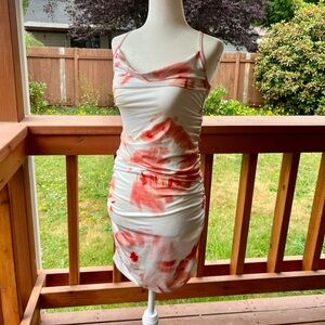 White and red orange tie dye print summer dress body con